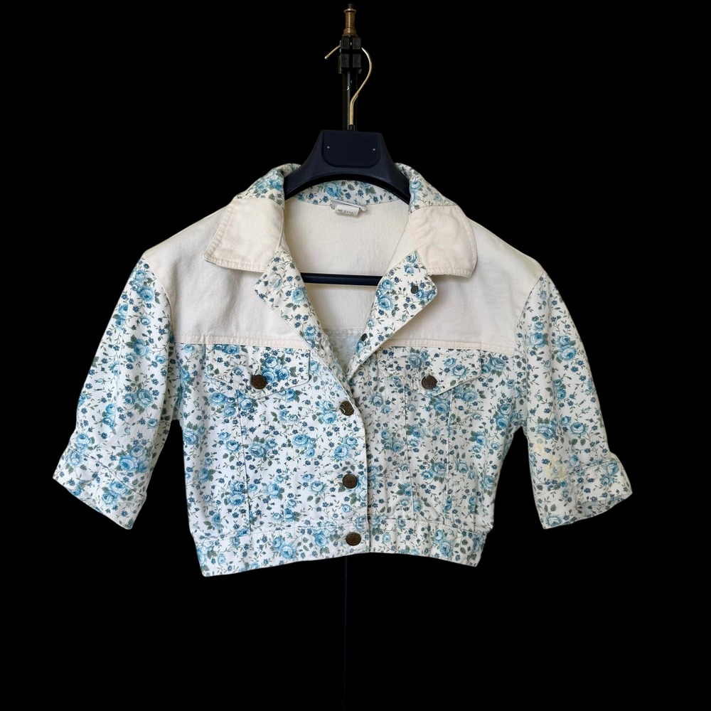 Vintage Stuffed Shirt Floral Denim‎ Jacket Cropped Short Sleeve Blue White Small